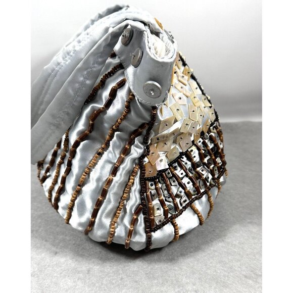 Handcrafted Statement Silver Satin Purse with Buttons & Beads Embellishments - Picture 4 of 16